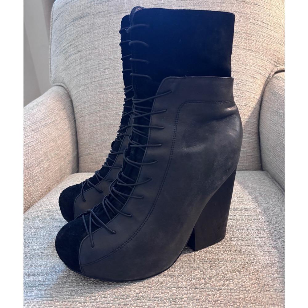 Jeffrey Campbell Ronson Black Leather Suede Lace Up Platform Ankle Boots 10M - Picture 2 of 10